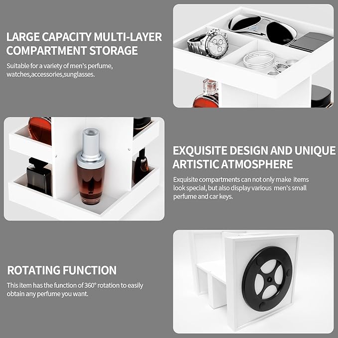 Cologne Organizer for Men, 3-Tier Large Capacity Wood 360° Rotating Cologne Stand, Desk/Nightstand/Bathroom Counter Perfume Storage, Birthday/Father's Day Gifts for Men(White)