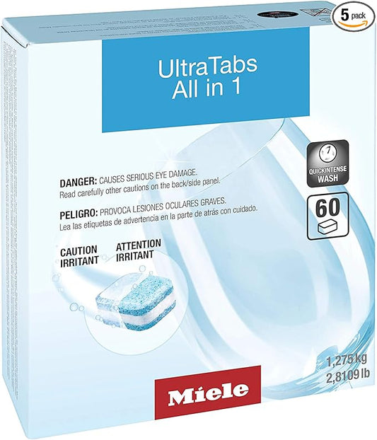 Miele UltraTabs All-in-One Dishwasher Detergent Tabs, Compatible with All Dishwashers, 60 Tabs, Pack of 5