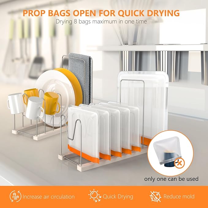 Reusable Bag Drying Rack, Silicone Bag Drying Rack, Dryer Rack for Ziplock Gallon, Snack, Sandwich Bags, Bottle Dryer Rack for Cup & Glasses,Pan Lid & Cutting Board Organizer