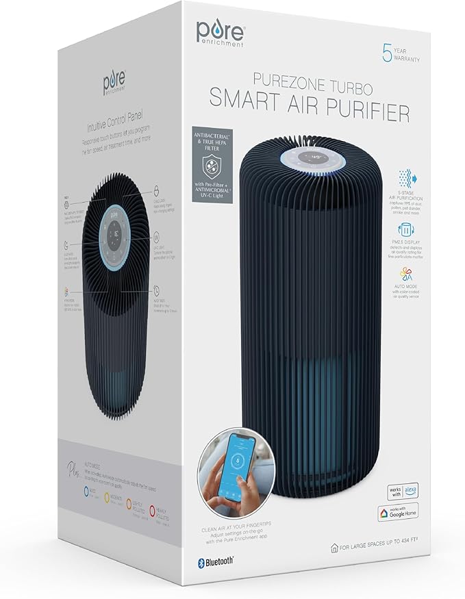 Pure Enrichment PureZone Turbo Smart Air Purifier for Large Rooms (1050 sq. ft. in 30 min.) - 5 Stage Filtration, Smartphone Compatible, Traps Germs, Smoke, & Dust (Graphite)