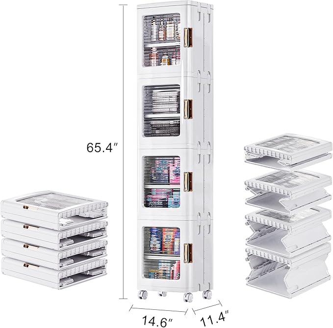 VECELO 4-Tier Tall Narrow Storage Cabinet with Movable Wheels, Adjustable Shelves, Anti-Tip, Slim, for Small Space, Bathroom, Kitchen, Laundry, White