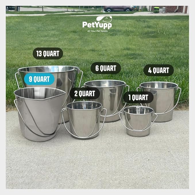 Heavy Duty Stainless Steel Bucket 2 Gallon - 9 Quart Flat Side Metal Bucket for Feeding & Watering Pets, Livestock & Cleaning - Perfect for Crates, Kennels, Cages & Hang on Fences