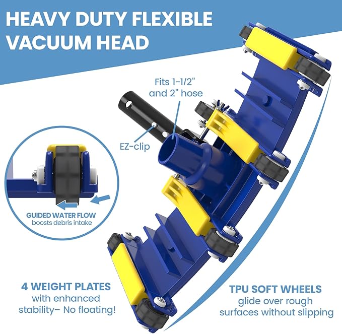 Poolvio Upgraded Pool Cleaning Kit – Weighted Vacuum Head with Wheels, 2-in-1 Pool Brush & Skimmer Net for Easy Debris Removal (No Pole)