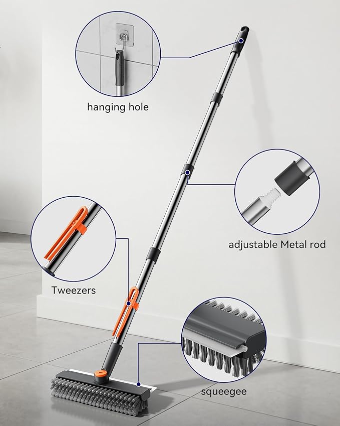 Small Floor Scrub Brush with Length Adjustable Long Handle, 3 in 1 Heavy-Duty Stiff Bristle Scrubber Brush with Squeegee and Tweezer for Cleaning Bathroom, Tile, Deck, Patio, Garage and Kitchen