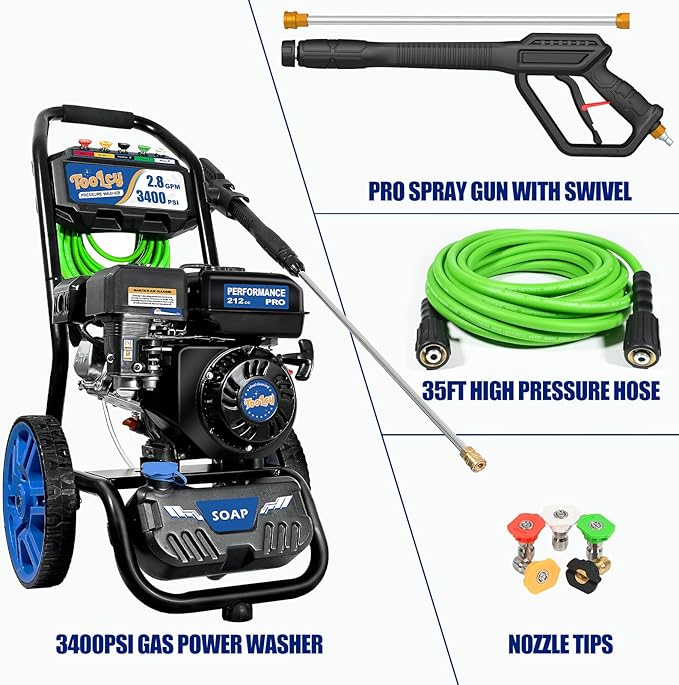 TOOLCY Gas Pressure Washer 3400 PSI & 2.8 GPM, High-Performance 212cc Engine, Reinforced Pump, 35FT Extended Power Hose, Kink-Less Swivel Gun with & 5 Nozzles, for Cars/Fences/Driveways/Homes/Patios