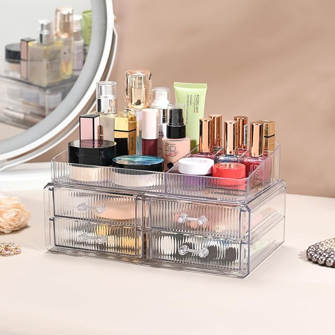 ZHIAI stackable storage drawer, transparent cosmetics storage box, cosmetics and beauty products storage organizer, suitable for makeup room, bathroom, storage room, home