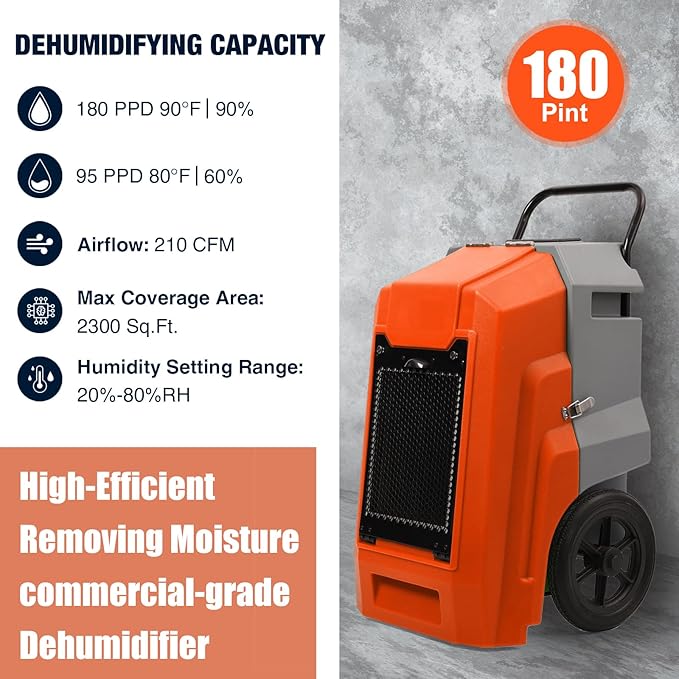 MOUNTO 180Pints LGR Industrial Dehumidifier with Pump and Drain Hose, Portable Commercial Dehumidifier with Wheels for Home, Basements, Garages, and Job Sites (Orange)