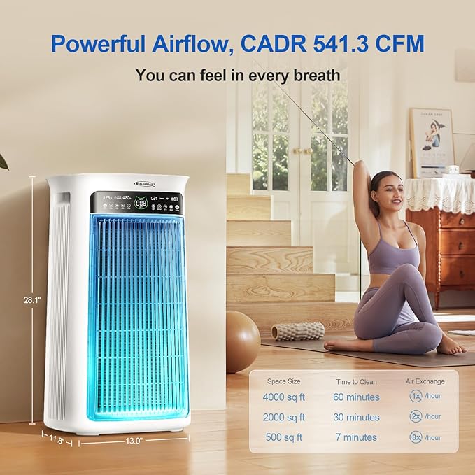 Air Purifier Large Room,True H13 HEPA Air Purifier for Home & Bedroom, Covers Up to 4000 Sq. Whole House Air Purifier, PM2.5 TEMP HD Sensor, Large Screen Display, 22dB Quiet for Pets Families