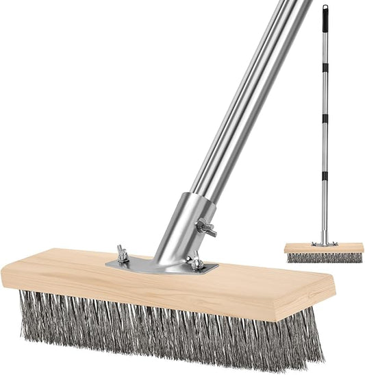 Stainless Steel Pool Scrub Brush with Adjustable Handle, Heavy Duty Stiff Bristle Scrubber for Rough Surfaces, Moss Removal, and Tough Stains on Concrete, Grout, Patio, Garage & Pool