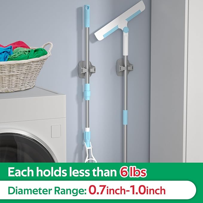 reliahom 3 Pack Broom Holder Wall Mount Mop Grippers No Drilling Self Adhesive Anti-Slip Mop Handle Hanger Dustpan and Broom Organizer Garage Storage Racks-Gray