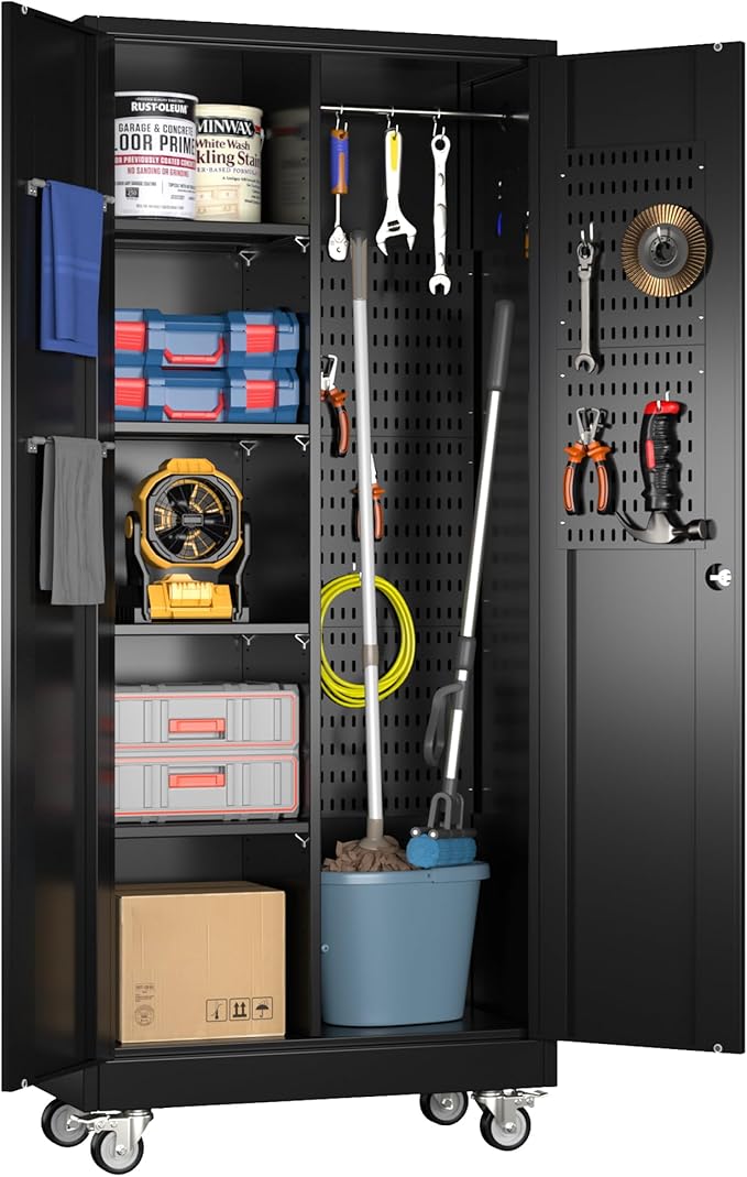 SUXXAN Broom Closet Storage Cabinet with Wheels 71.4"x 33.9"x16.9", Metal Cleaning Cabinets with Hooks and Hanging Rods, Lockable Cabinet with Pegboard, Adjustable Shelf,for Garage, Laundry Room