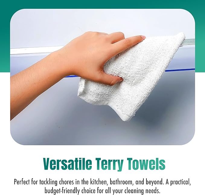 ZUPERIA Terry Towels Pack of 24 (14" X 17" Inches) 100% Cotton Terry Barmop Towels - Absorbent & Durable Bar Rags, Multipurpose Cleaning Rags for Home, Automotive & Garage Cleaning Supplies (White)
