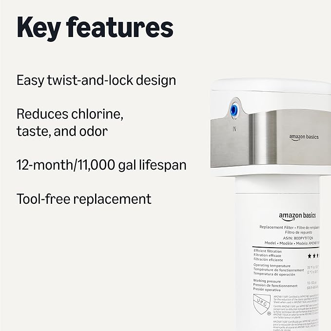 Amazon Basics Under Sink Water Filter System, NSF/ANSI 42 & 372 Certified, Service Life 1 Year, 11,000 Gallons, White