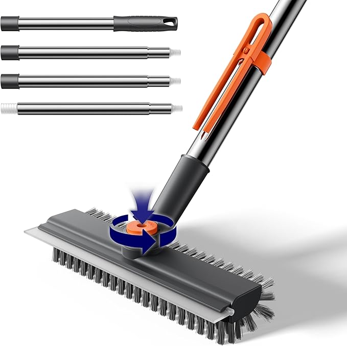 Small Floor Scrub Brush with Length Adjustable Long Handle, 3 in 1 Heavy-Duty Stiff Bristle Scrubber Brush with Squeegee and Tweezer for Cleaning Bathroom, Tile, Deck, Patio, Garage and Kitchen