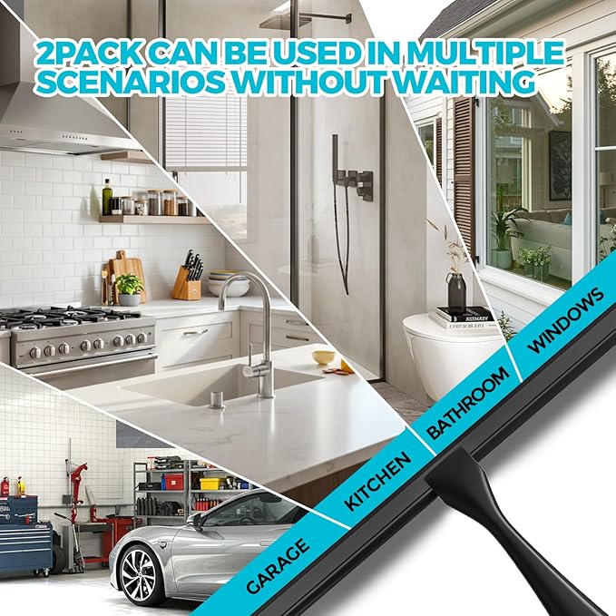 2PACK 12-Inch All-Purpose Shower Squeegee for Shower Doors, Bath Linen Sets, Tile Shower Walls, Bathroom, Window, Glass and Car Windshield, Mirrors and Kitchen-Stainless Steel, Black