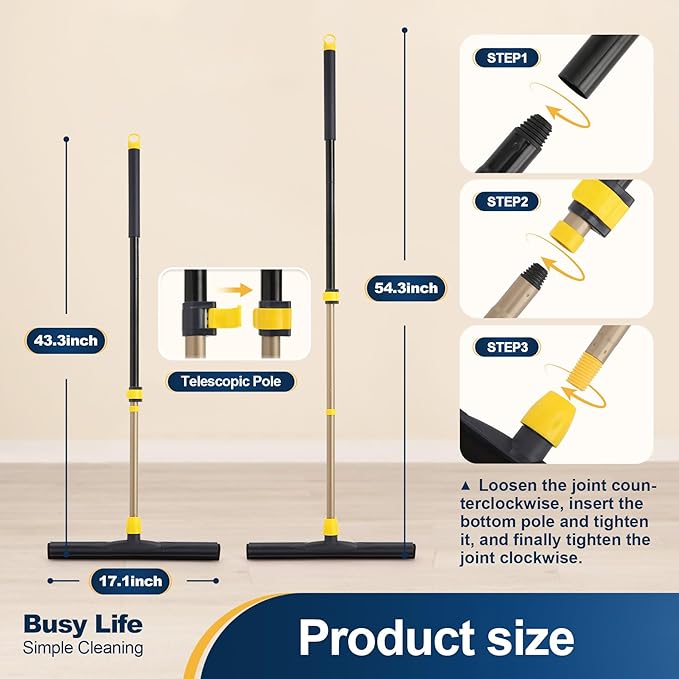 Yocada Floor Squeegee Scrubber Adjustable Telescopic Pole Heavy Duty Household Broom EVA Foam Blade for Garage Courtyard Shower Bathroom Floor Marble Glass Tile Water Foam Cleaning