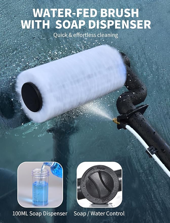 Electric Solar Panel Cleaning Kit, 20FT Solar Panel Cleaning Brush and Pole with Soap Dispenser, Telescopic Water Fed Pole, 100Mins Runtime, Solar Panel Cleaner Solution for Windows, Roof (Black)
