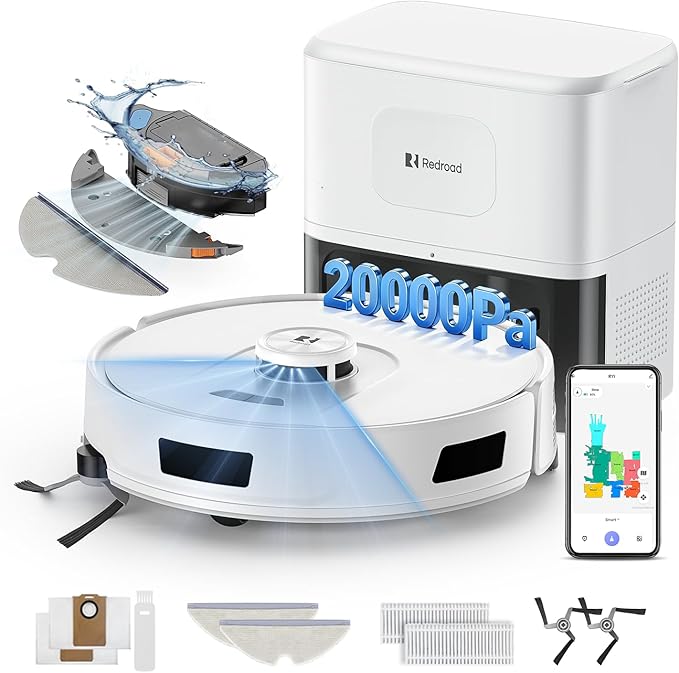 Redroad Robot Vacuum Cleaner 20,000 Pa Robot Vacuum and Mop,90 Day Self Emptying Vacuum Robot,Lidar Navigation,5G/2.4GWiFi APP Aspirateur Robot,Self-Charging Robot Vacuums for Pet,Floor,Carpet White