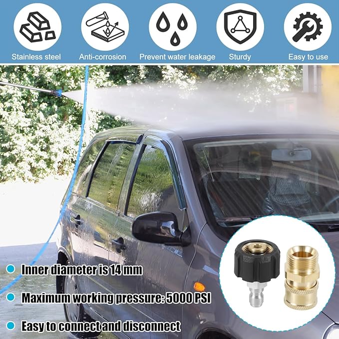 2 pcs 1/4 Pressure Washer Hose Connector Adapter Set Stainless Steel M22 to 1/4inch Quick Connector Kit 4500PSI Max Safe Water Hose Connect Fittings Pressure Washer to Wand Connector