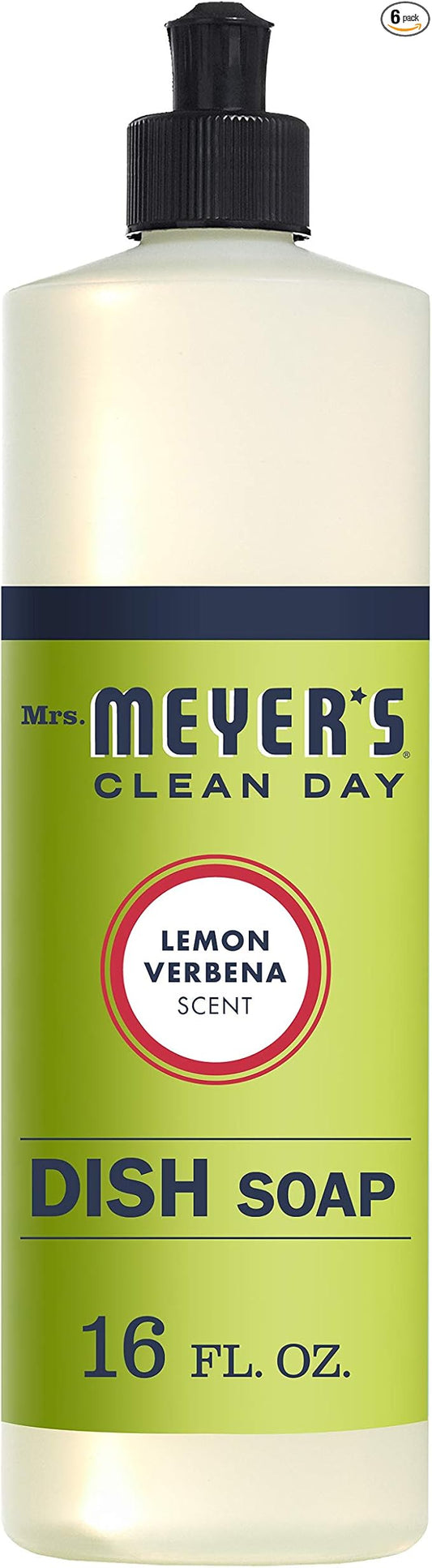 Mrs. MEYER'S Clean Day Liquid Dish Soap, Cruelty Free and Non-Toxic, Lemon Verbena Scent, 16 oz- Pack of 6
