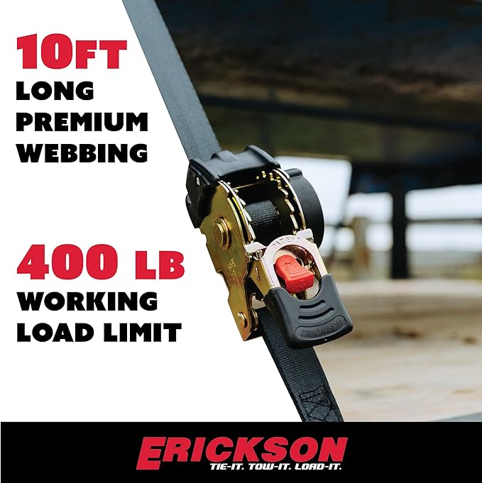 Erickson Pro Series 1in x 10ft Black Retractable Ratcheting Tie-Down Straps, Heavy-Duty Secure Hold, 1500 lb Load Capacity, Pack of 2
