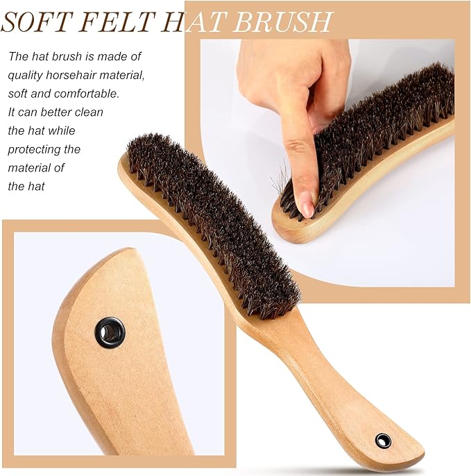Patelai 2 Pcs Horsehair Felt Hat Brush Kit Lint Brush with Cleaning Sponge Felt Cowboy Hat Remover Kit Remove Dust Lint Brushes for Clothes Western Hats, Shoes(Wooden Color,Wood)