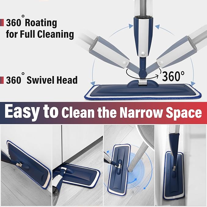 2 Pack Spray Mop for Floor Cleaning, Red & Blue Combo, Refillable 14 oz Bottle and 3 Washable Pads, Wet Dry Mop for Hardwood, Tile, Laminate, Home or Commercial Use