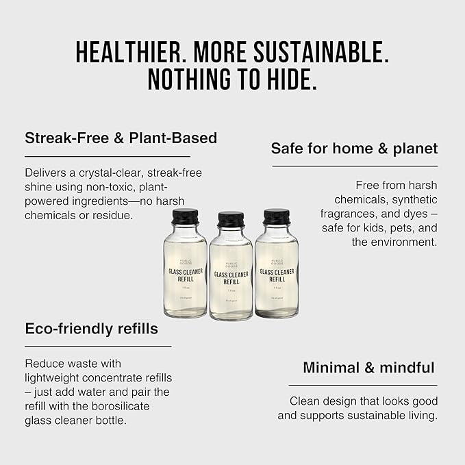 Public Goods Glass Cleaner Refill | Refill Concentrate for Windows, Mirrors, Glass Surfaces | Cruelty Free, Paraben Free, Vegan Friendly | 3 Pack - 24 Oz Diluted
