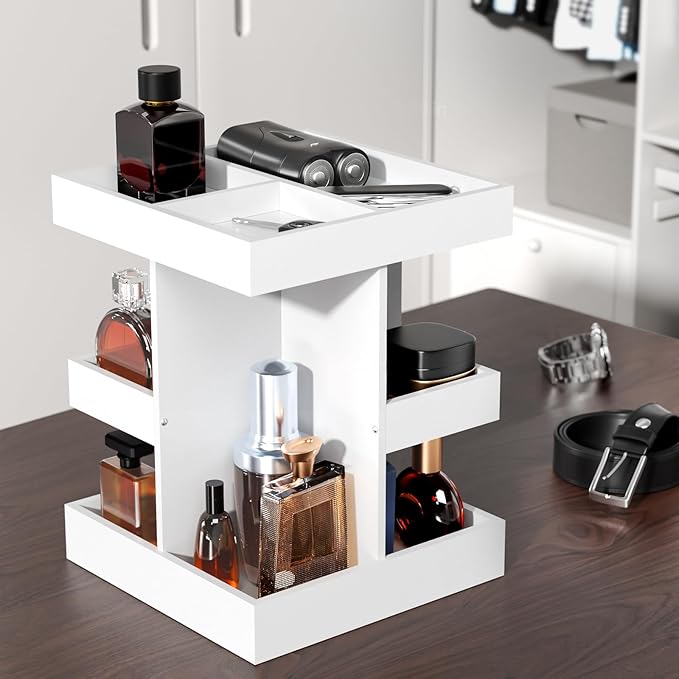 Cologne Organizer for Men, 3-Tier Large Capacity Wood 360° Rotating Cologne Stand, Desk/Nightstand/Bathroom Counter Perfume Storage, Birthday/Father's Day Gifts for Men(White)