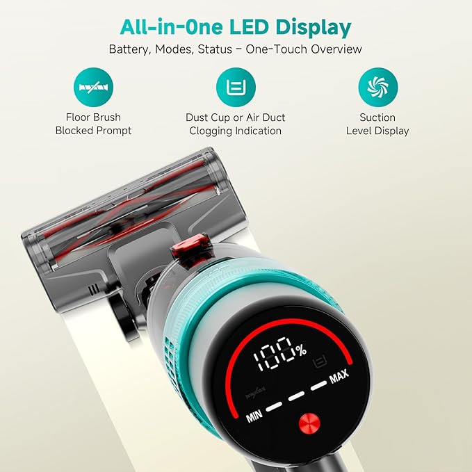 Cordless Vacuum Cleaner: Portable 6-in-1 Stick Vacuum with Anti-Tangle Brush, LED Headlight, Self-Standing, HD display, Rechargeable Vacuum for Pet Hair, Low-Pile Carpet and Hardwood Floor-Green