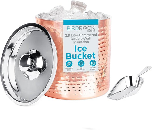 BIRDROCK HOME Ice Bucket with Scoop & Lid - 2.8 Liter Hammered 18/8 Stainless Steel Double Wall Insulated Container with Carrying Handle - Ideal for Parties, Cocktails, and Beverages - Copper