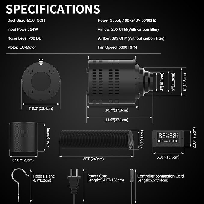 Inline Duct Fan Kit with Temperature Humidity Controller, 6 Inch EC-Motor Exhaust Fan with Built-in Carbon Filter&Flexible Air Ducting, 4 Inch Ventilation System for Grow Tent, Hydroponics