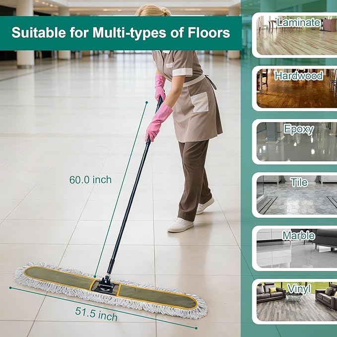 KeFanta 48" Commercial Dust Mop for Floor Cleaning,Large Industrial Heavy Duty Floor Duster with 2 Replacement Mop Heads,Wet Dry Sweeper Broom for Hardwood Floors,Tile,Concrete,Laminate,Garage,Marble