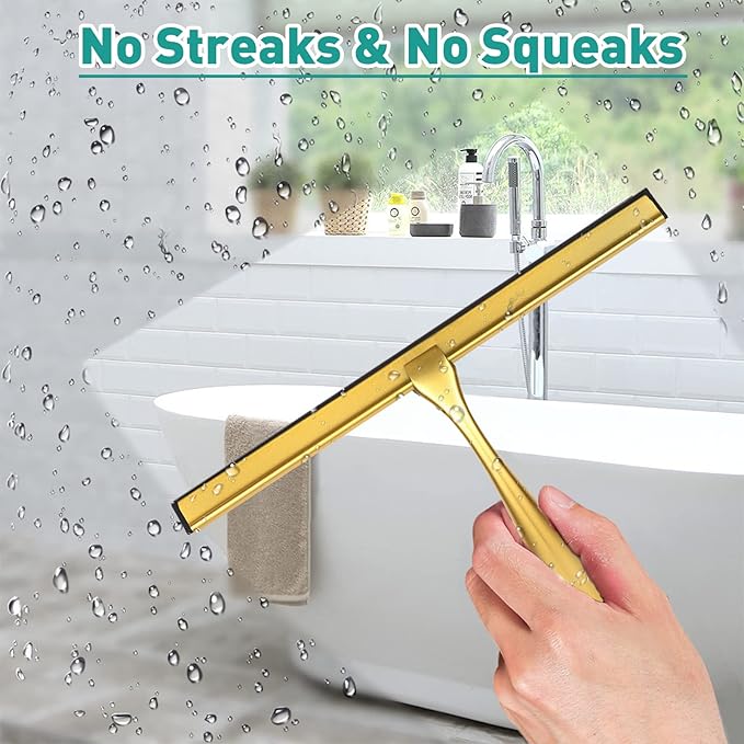 Shower Squeegee for Glass Doors,10-Inch Shower Glass Squeegee, Gold Shower Squeegee for Shower Doors,Mirror,Windows, with Shower Door Hook and Adhesive Hook