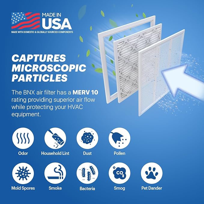 BNX TruFilter 14x20x1 MERV 10 (4-Pack) AC Furnace Air Filter - MADE IN USA - Pleated Air Conditioner HVAC AC Furnace Filters - Removes Odor, Mold, Bacteria, Smoke
