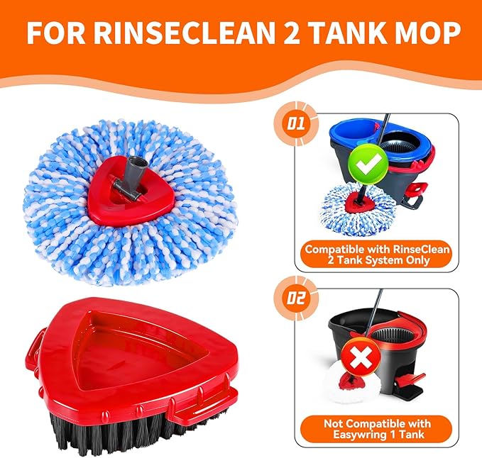 Mop Replace Heads Compatible for OCeda 2-Tank System,7 Pack Spin Mop Refill Replacement with 2 Scrub Brush and Base, Reusable Mop Head Deep Cleaning to Tough Stains