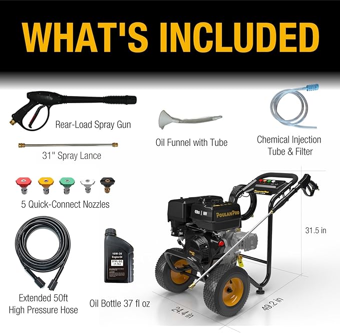 Poulan Pro Gas Pressure Washer, 4400 PSI & 4.2 GPM, 420cc Power High Pressure Washer with 50ft Hose and 12-inch Wheels, 31" Spray Lance, 5 Nozzles for Cars Driveways Patios Fences Daily Cleaning