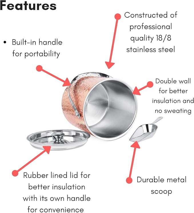 BIRDROCK HOME Ice Bucket with Scoop & Lid - 2.8 Liter Hammered 18/8 Stainless Steel Double Wall Insulated Container with Carrying Handle - Ideal for Parties, Cocktails, and Beverages - Copper