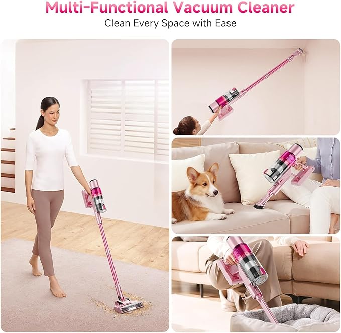 Cordless Vacuum Cleaner: Portable 6-in-1 Stick Vacuum with Anti-Tangle Brush, LED Headlight, Self-Standing, HD display, Rechargeable Vacuum for Pet Hair, Low-Pile Carpet and Hardwood Floor-Dark Pink