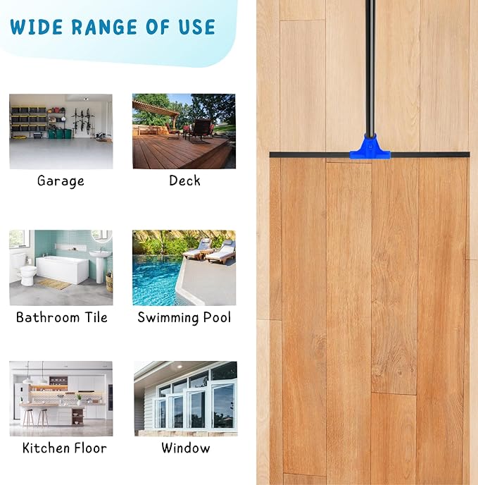 Floor Squeegee for Concrete and Tile Cleaning, 24'' Rubber Wiper Broom, Large Heavy Duty Water Scraper with 60'' Long Handle for Garage, Deck, Bathroom, Shower Glass, Window