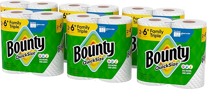 Bounty Quick-Size Paper Towels, White, 12 Family Triple = 40 Regular Rolls
