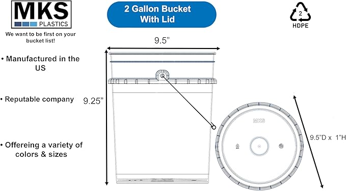 2-Gallon Bucket with Airtight Lid – Heavy-Duty Extra Durable Pail – Made in USA – Premium Quality HDPE – Food Grade – BPA Free – Metal Handle with Plastic Grip – Stackable – Multi-Use – White, 5 Pack
