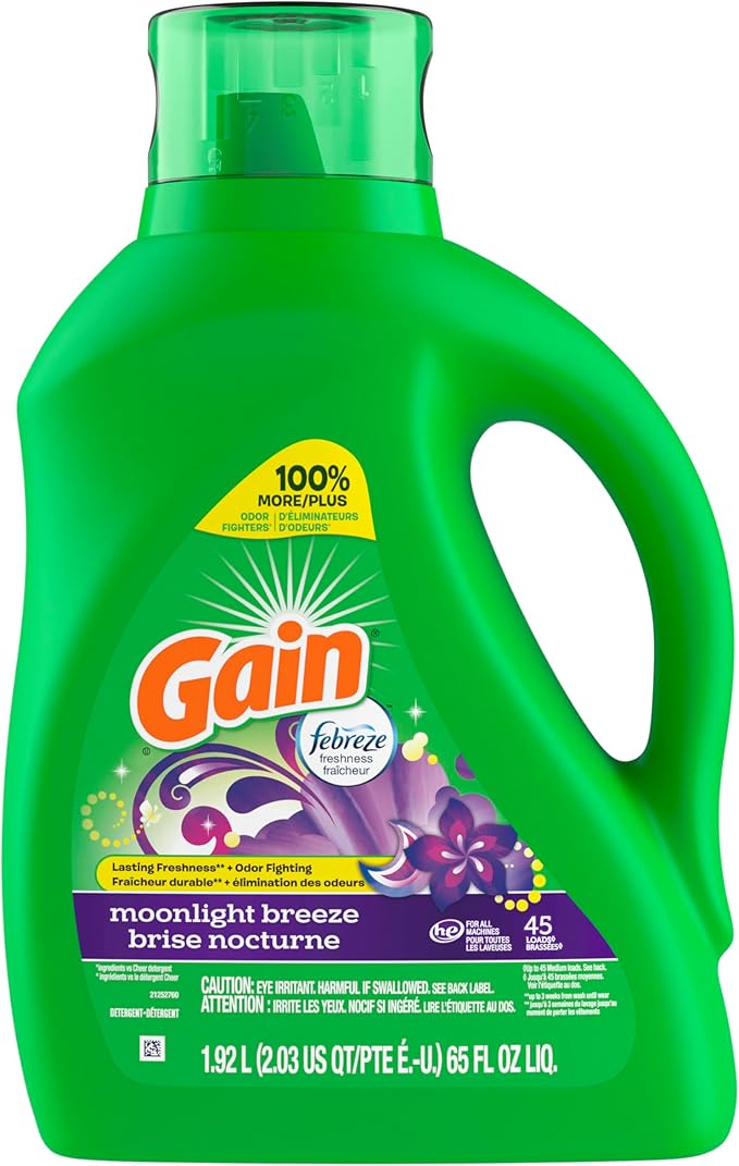 Gain Liquid Laundry Detergent with Odor Defense, Moonlight Breeze Scent, 65 FL OZ x 2, 45 x 2 Loads, Liquid Detergent And Laundry Soap For HE Washing Machines