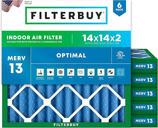 Filterbuy 14x14x2 Air Filter MERV 13 Optimal Smoke & Allergy Defense (6-Pack), Electrostatic Pleated HVAC AC Furnace Filters Replacement, Made in USA (Actual Size: 13.50 x 13.50 x 1.75)