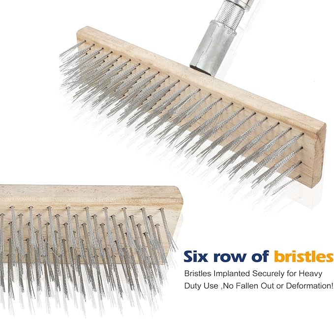 Floor Scrub Brush, Deck Brushes for Scrubbing Heavy Duty, Concrete Scrubber Outdoor Broom, Metal Wire Pool Brush Stainless Steel, Garage Patio Gunite Tile Algae Moss Cleaning Tool Long Handle