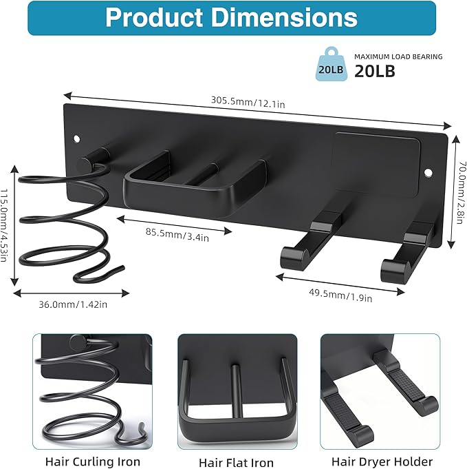 Blow Dryer Holder Wall Mount, 3 in 1 Bathroom Hair Tool Organizer with Curling Iron Holder & Flat Iron Holder, Universal Hair Dryer Holder Rack Storage Matte Black