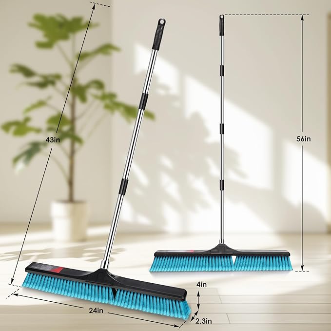 24" Push Broom, Heavy Duty Outdoor Commercial Broom for Cleaning with 55" Long Handle and Stiff Bristles, for Driveway Garage Yard Patio Warehouse Concrete Floor Cleaning