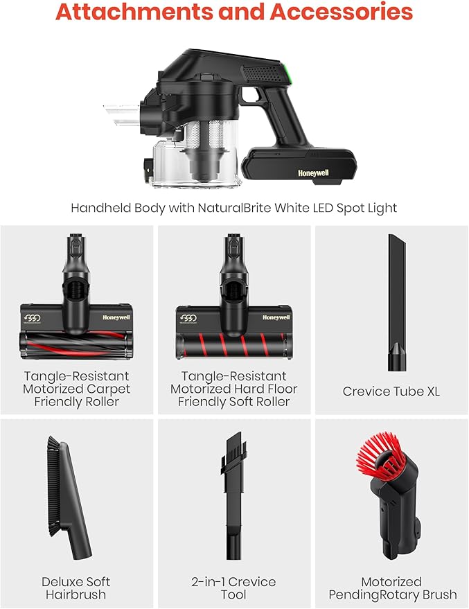 Honeywell Self-Cleaning Cordless Vacuum Cleaner, 8-in-1 Lightweight Stick Vacuum with 60Mins Runtime, Powerful Suction, Rechargeable Cordless Vacuum for Pet Hair/Carpet/Hardwood Floor, VC16