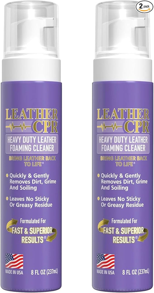 Leather CPR Heavy Duty Leather Foaming Cleaner - 8 oz (2 Pack) - Car Interior Cleaner For Heavy Dirt & Grime, Heavily Soiled Furniture Leather Cleaner For Couch, Car Seat, Purses, Shoes, Boots, & More