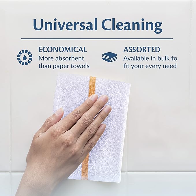 Universal Cleaning Towels, Gold Striped-White Bulk 120 Pack, 16” X 19” 100% Cotton Fully Bordered Commercial Grade Terry Weave Cloth Bar Mops for Everyday Restaurant or Home Use